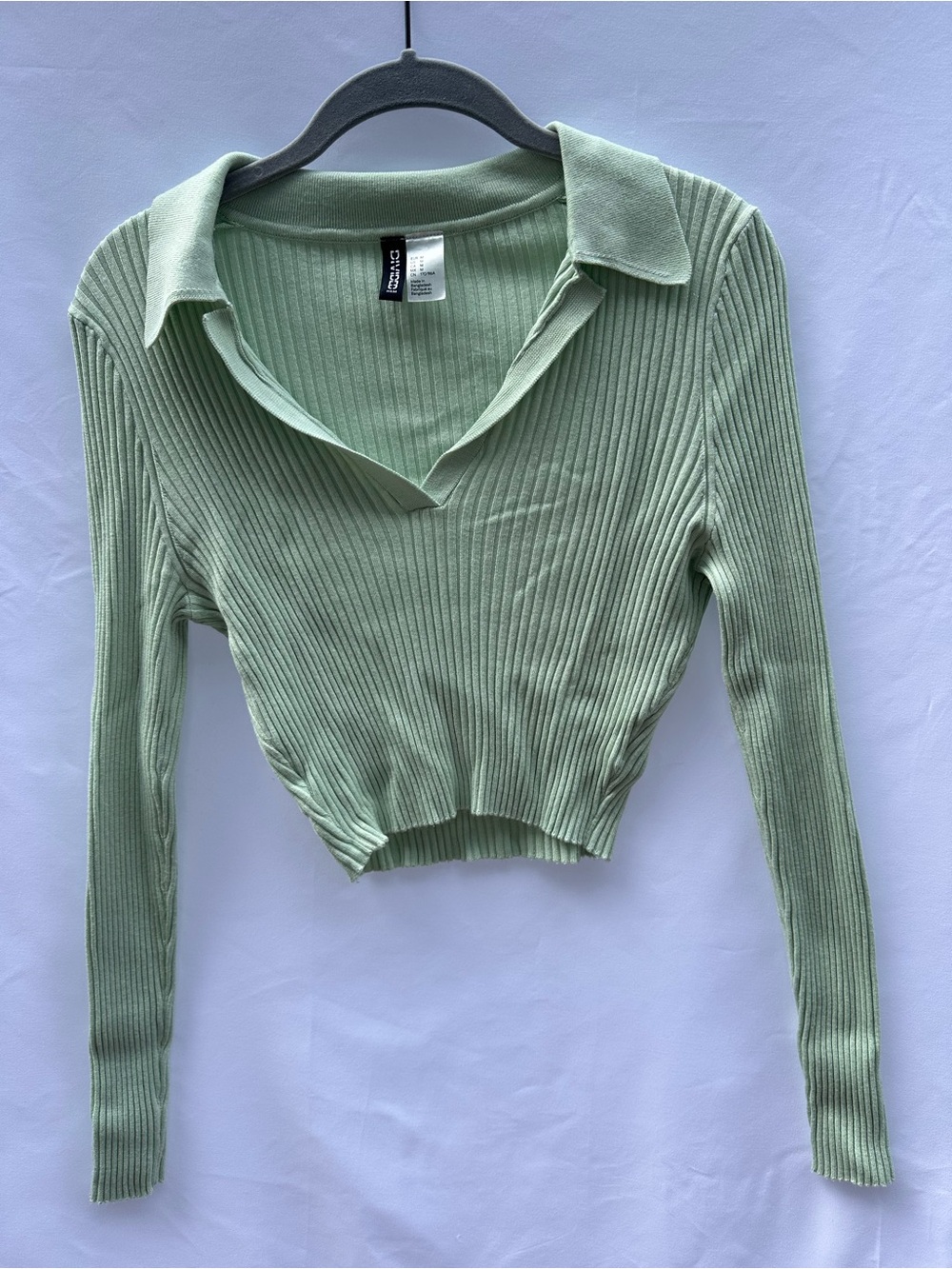 H&M Ribbed Long-Sleeve Polo Crop Top - Light Green